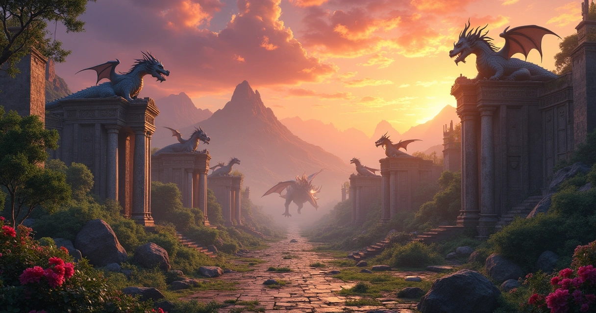 Resumo de cidade antiga com dragões e silhueta de dinossauro ao fundo sob céu alaranjado.