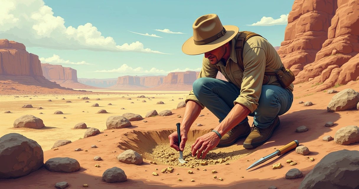 Paleontólogo escavando fósseis em terreno rochoso e ferramentas arqueológicas ao redor