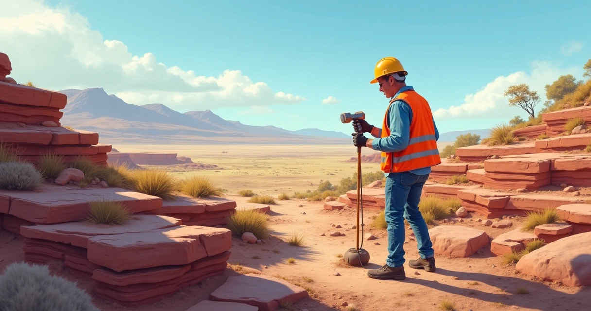 Geólogo analisando formações rochosas em campo aberto com equipamentos de medição