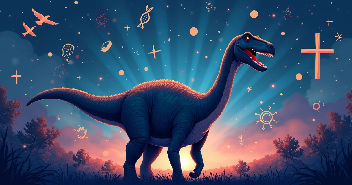 Dinossauro em meio a símbolos religiosos e gráficos científicos em fundo contrastante