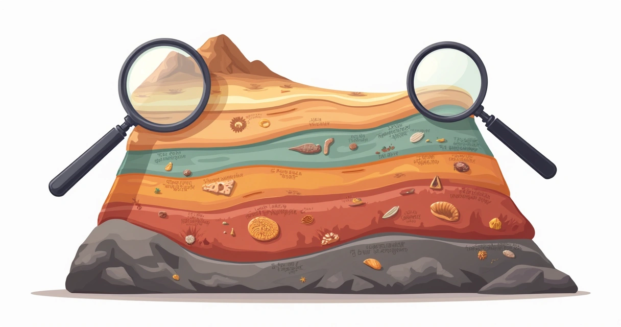 Ilustração plana corporativa mostrando camadas de rochas estratificadas coloridas com fósseis visíveis e lupas examinando detalhes