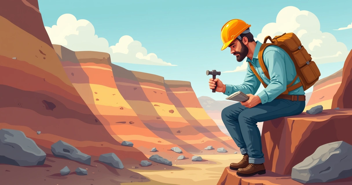 Ilustração corporativa mostrando um geólogo analisando camadas geológicas em um penhasco com ferramentas e blocos de rochas coloridas ao fundo