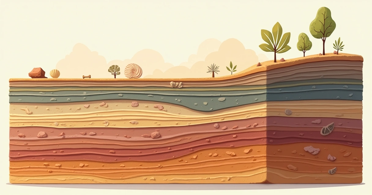 Ilustração plana corporativa de camadas geológicas sobrepostas em diferentes cores e texturas