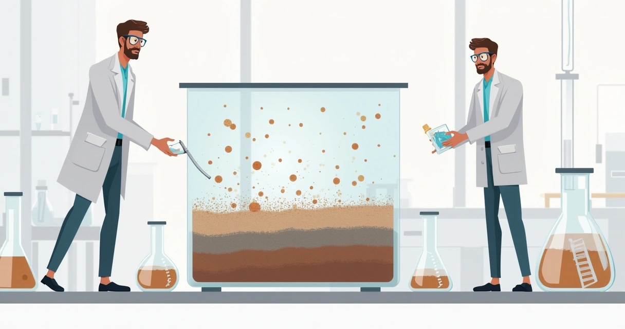 Ilustração corporativa plana de experimento científico mostrando camadas de sedimento sendo formadas rapidamente em um tanque de vidro, com equipamentos de laboratório ao redor e cientistas observando atentamente