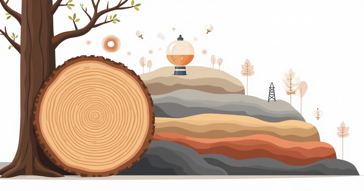 Ilustração plana corporativa com tronco de árvore mostrando anéis de crescimento e camadas rochosas cruzadas ao fundo, simbolizando dendrocronologia e análise geológica