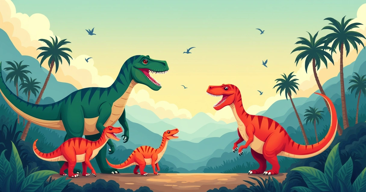 Ilustração corporativa de várias espécies de dinossauros em cores vibrantes num ambiente com paisagem pré-histórica detalhada, mostrando dinossauros herbívoros e carnívoros em diferentes posições, enfatizando diversidade e coexistência