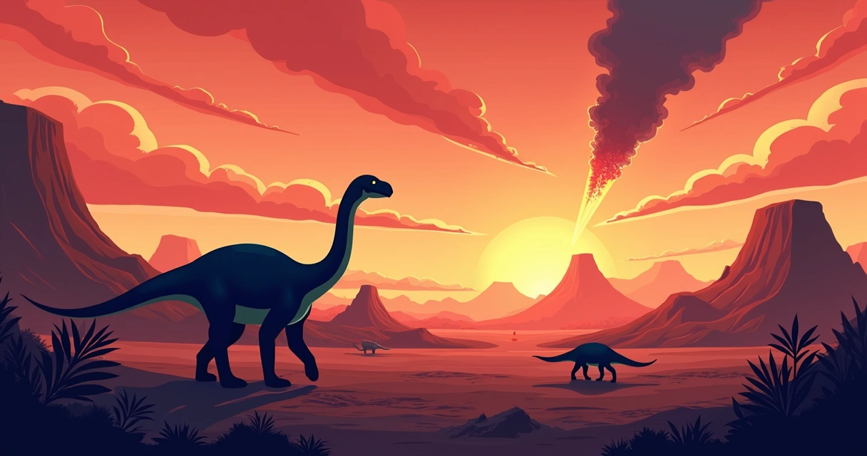 Ilustração corporativa plana mostrando dinossauros em ambiente pré-histórico com um meteoro caindo ao fundo e um céu dramático vermelho e laranja