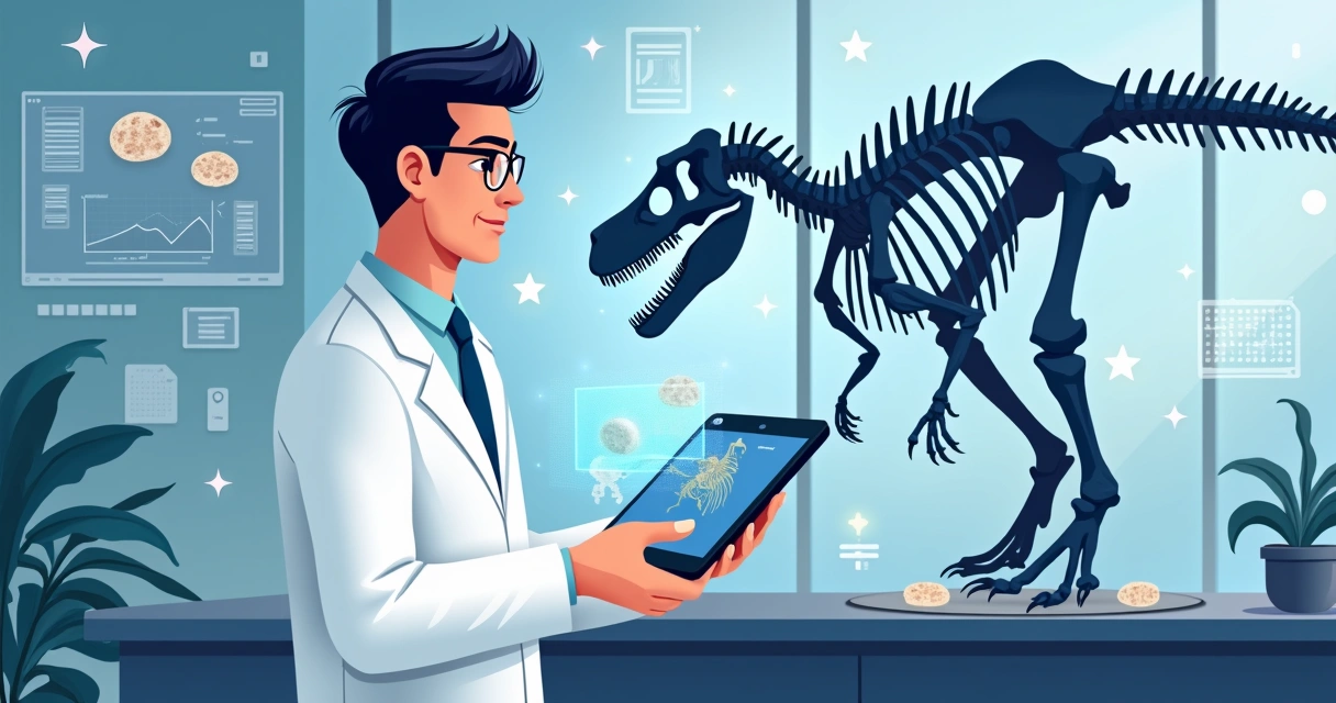 Ilustração flat de cientista usando tablet ao lado de esqueleto de dinossauro em laboratório moderno
