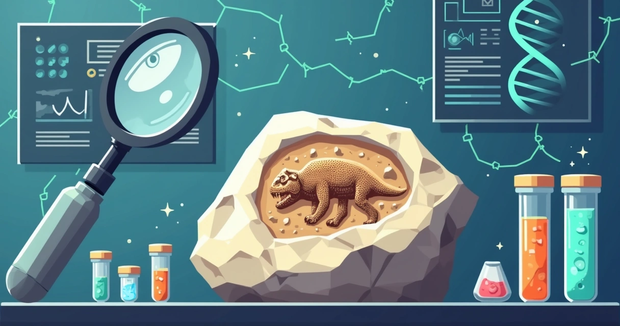 Ilustração flat corporativa de fóssil com bioassinaturas destacadas e ferramentas de análise científica ao redor