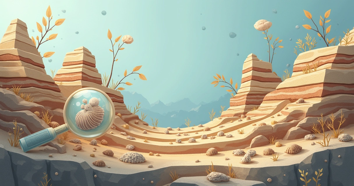 Ilustração plana corporativa de microfósseis em rochas com fundo azul e elementos geológicos